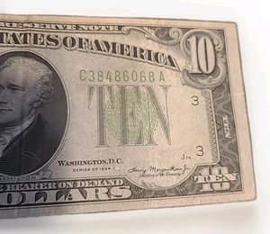 $10 1934-A FEDERAL RESERVE NOTE TEN DOLLAR BILL LIME GREEN SEAL - Picture 1 of 11