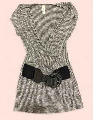 Y2K Gray Knit Bodycon Mini Dress Belted V Neck Sweater Dress Office Siren - Image 1 of 4