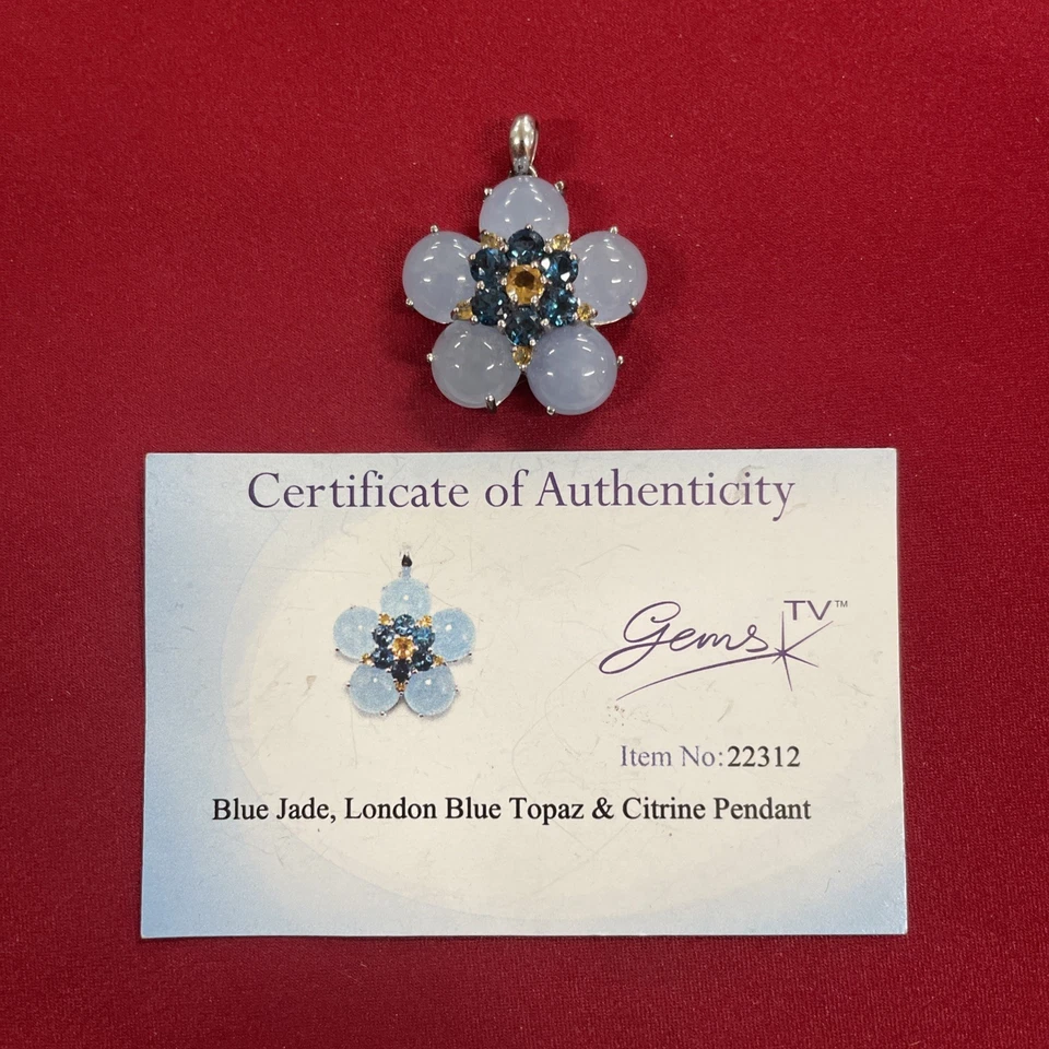 Gemas TV Plata de Ley 925 Jade Azul, Topacio Azul y Flor Citrino Dije Colgante Foto 1 de 4