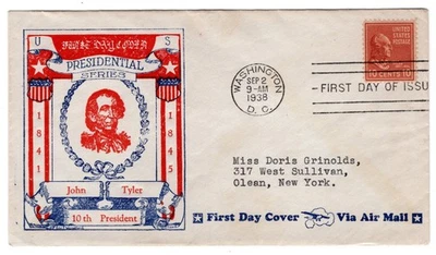 #815 Presidential Series 10c John Tyler 1938 FDC - Warneford #29 - Image 1 of 2