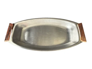 Bandeja para servir vintage de 12,5" de acero inoxidable 18-8 asas de madera oblonga MCM mediados de siglo - Imagen 1 de 9