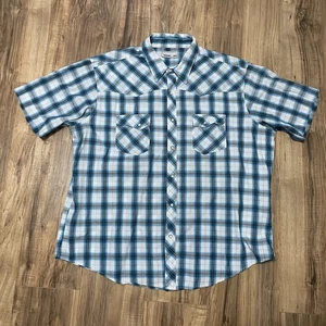 Camisa a Presión Wrangler Perla Perla Para Hombre Talla 2XL Azul A Cuadros Western Manga Corta - Imagen 1 de 8