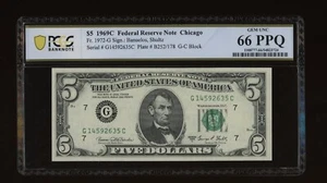 DBR 1969-C $5 FRN Chicago Gem Fr. 1972-G PCGS-B 66 PPQ Serial G14592635C - Picture 1 of 2