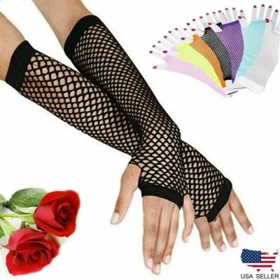 Neon Tone Long Fishnet Fingerless Elbow Sleeves Gloves Punk Costume 80s Style US - Image 1 of 4