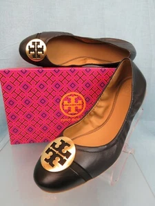 TORY BURCH MINNIE NAVY BLUE LEATHER GOLD REVA BLACK CAP TOE BALLET FLATS 10.5 - Picture 1 of 12