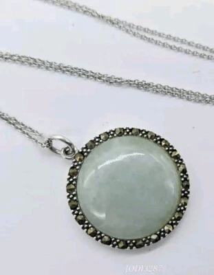 Collar Colgante Plata de Ley 925 MARCASITA Teñido Jade ARMONÍA Reversible 18" Foto 1 de 4