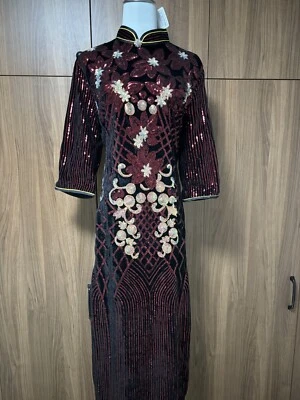 Vestido Clásico Jacquard Flor Largo Completo Terciopelo Lentejuelas Cheongsam Qipao Foto 1 de 4