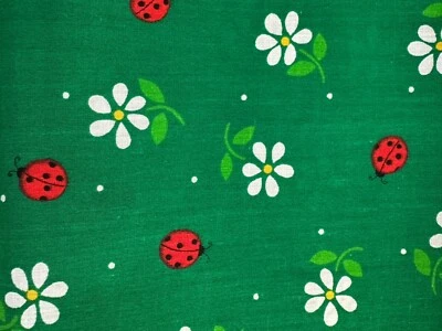 Spring Mills Ladybug Daisy Fabric Kelly Green Novelty Lady Bugs Cotton VTG 1+Yrd - Image 1 of 4