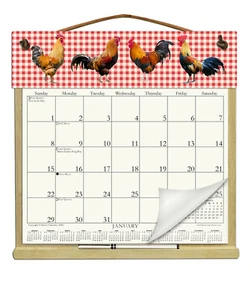 ROOSTERS ON RED CALENDAR HOLDER - REFILLABLE EVERY YEAR! - Picture 1 of 1