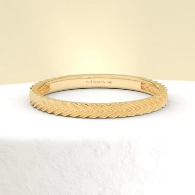 10K Yellow Gold Herringbone Ring, Slim Textured Wedding Band, Minimalist Band - Image 1 of 4