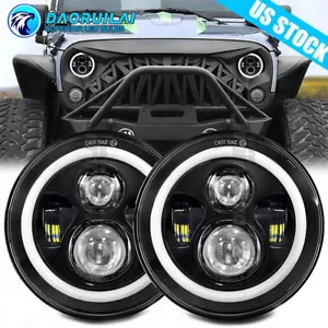 Pair 7" Inch LED Headlights Halo Angle Eyes For Jeep Wrangler JK LJ TJ CJ - Picture 1 of 9