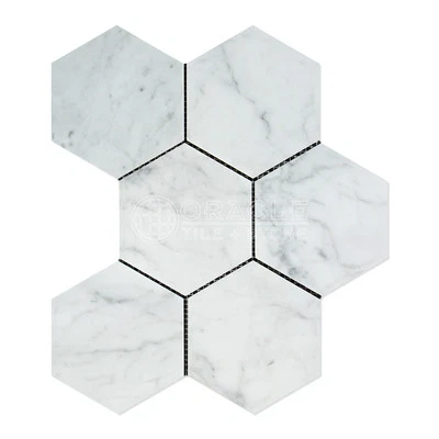 Carrara White Italian (Bianco Carrara) Marble 5 inch Hexagon Mosaic Tile - Image 1 of 2