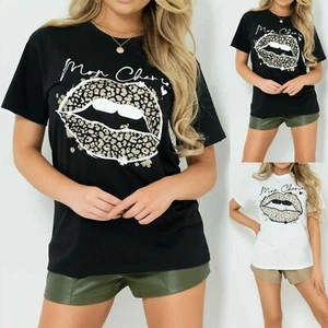 New Women's Top Leopard Lip Print Oversized T-Shirt Short Sleeve Casual Wear UK - Picture 1 of 3