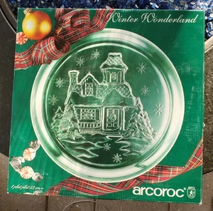 Vintage Arcoroc Serving Platter 13" Christmas Winter Wonderland Glass - Picture 1 of 6