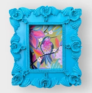 Floral Hummingbird watercolor mini art print in vintage style ornate frame - Picture 1 of 5