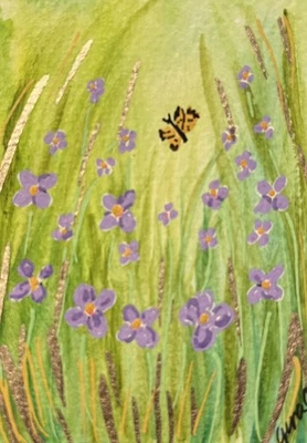 ATC ACEO - 花卉和蝴蝶水彩艺术 - 混合媒体 — 第 1/2 张图片