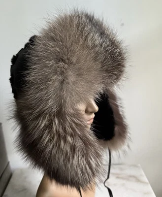 SILVER FOX FUR SHEEPSKIN HAT TROOPER SIZE O/S Foto 1 de 4