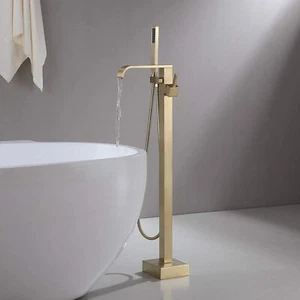 Gold Freestanding Bath Taps Waterfall Tub Filler Floor Mount Bathroom Mixer Tap - Picture 1 of 9