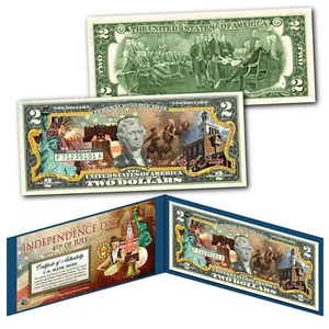 Independence Day 4th of July Genuine US $2 Bill w/ '76 Bicentennial Coin Designs - Picture 1 of 1