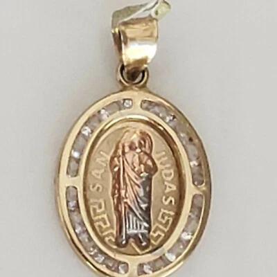 14k gold san judas  saint jude pendant charm 1 inch long oval - Image 1 of 4