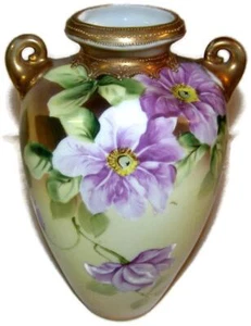 Antique Nippon Art Nouveau Hand Painted Purple Clematis Vase with Gold Beading - Picture 1 of 5