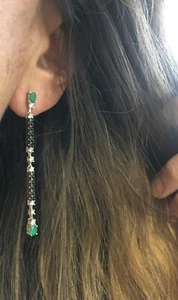 Emerald and Black Diamonds Earrings - White Gold 18kt - Picture 1 of 2