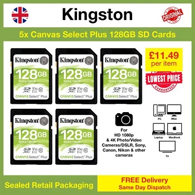 5x ‎Kingston Canvas Select Plus 128GB SD Memory Card, SDS2/128GB Wholesale, Bulk - Image 1 of 4