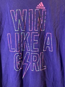 ADIDAS Workout T-Shirt Short Sleeve ~ Girls Large 12 14 Purple ~ Win Like A Girl - Picture 1 of 4