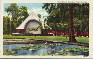 Band Stand Kapiolani Park Honolulu Hawaii Linen Postcard Water Lily Pond - Picture 1 of 2