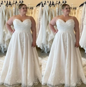 Plus Size Wedding Dress Sweetheart Sweep Train Lace Applique A-Line Bridal Gowns - Picture 1 of 14