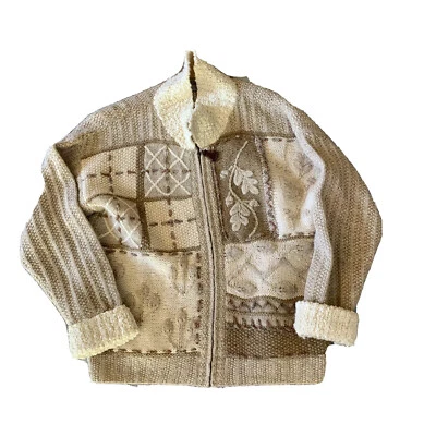 Cárdigan Suéter Northern Isles Mujer GRANDE Crema Lana Floral Hoja Cremallera Cuero Foto 1 de 4