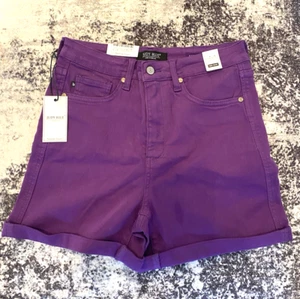 JUDY BLUE JEAN SHORTS WOMENS L PURPLE GARMENT DYED JEAN TUMMY CONTROL 6" NEW NWT - Picture 1 of 9