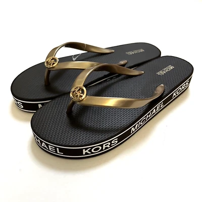 Sandalias Chanclas Gráficas Michael Kors Nuevas Sin Caja Tanga Deslizable Talla 11 Marrón Dorado Foto 1 de 4
