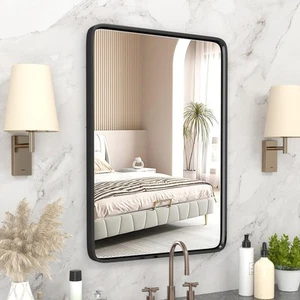 Black Metal Framed Bathroom Mirror for Wall, 24X28 Inch Rounded Rectangle Mir... - Picture 1 of 7