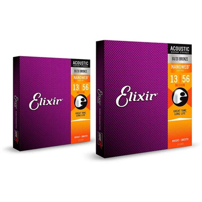 Cuerdas para guitarra acústica Elixir 80/20 bronce con NANOWEB medianas (.013-.056) paquete de 2 Foto 1 de 3