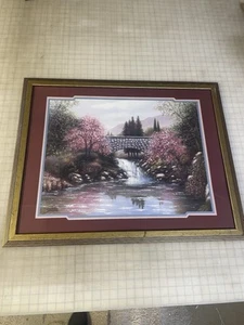 VTG HOMCO HOME INTERIOR LG BRIDGE WATERFALL BURGUNDY STREAM GOLD FRAME PICTURE - Picture 1 of 11