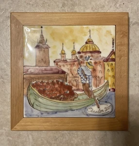 Ceramic Tile Wood Frame Wall Plaque Trivet Man In Gondola Made in USA - Picture 1 of 6