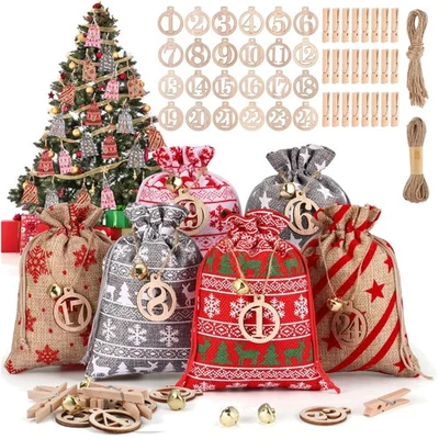 Adventskalender, Stoffbeutel, Holzklammern, Glocken, Holzzahlen, Weihnachten,... - Bild 1 von 4