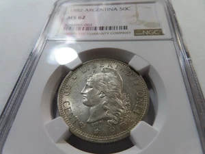 J33 Argentina 1882 Silver 50 Centavos NGC MS-62 - Picture 1 of 2