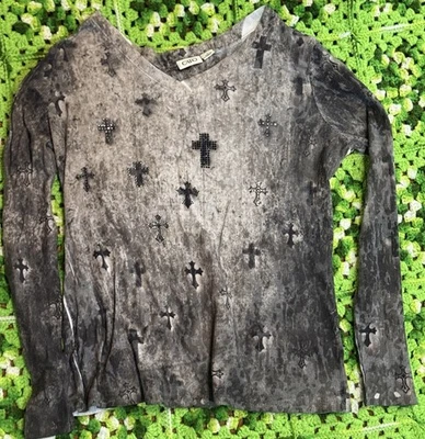 Cato Embellished Studs Cross Shirt Women's L  AOP Goth Grunge Retro Long Sleeve - Image 1 of 4