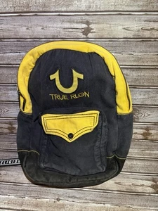 True Religion Embroidered Horseshoe Logo Flap Pocket Backpack Bag Black Yellow - Picture 1 of 5