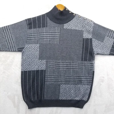 Vintage Sweater Women S Gray 100% Wool Mixed Pattern Houndstooth Oversize 90's - Image 1 of 4