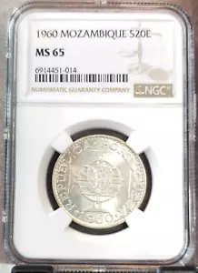 1960 MOZAMBIQUE SILVER 20 ESCUDOS PORTUGUESE REPUBLIC NGC MS 65 GEM BU BEAUTY - Picture 1 of 3