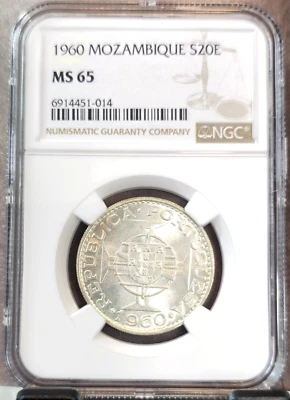 1960 MOZAMBIQUE SILVER 20 ESCUDOS PORTUGUESE REPUBLIC NGC MS 65 GEM BU BEAUTY - Image 1 of 3