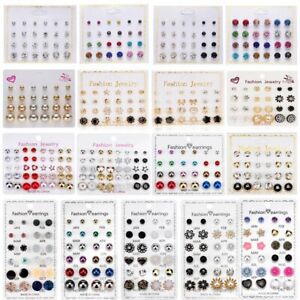 12/20Pair Crystal Rhinestone Pearl Earrings Set Stud Wholesale Jewelry Set Women