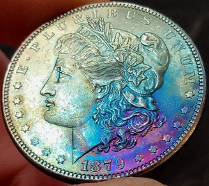Dólar de plata Morgan 1879 P UNC BU Tonificación Rainbow Choice gema Bu raro - Imagen 1 de 2