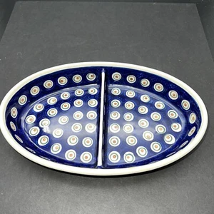 POLISH POTTERY BOLESLAWIEC BLUE OVAL DIVIDED BOWL 11 l/4" Serving Dish - Picture 1 of 8