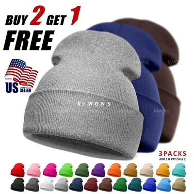 Gorro Gorra Tejido Liso Calavera Puños Invierno Cálido Slouchy Hombres Mujeres Clásico CF Foto 1 de 4