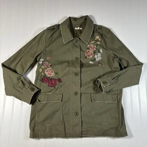 Maurice Damen Armeegrün Knopfleiste bestickt Blumen Twill Jacke Größe LARGE - Bild 1 von 15