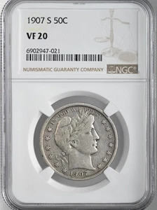 1907-S  50C BARBER SILVER HALF DOLLAR "SAN FRANCISCO MINT" NGC VF20 #6902947-021 - Picture 1 of 4